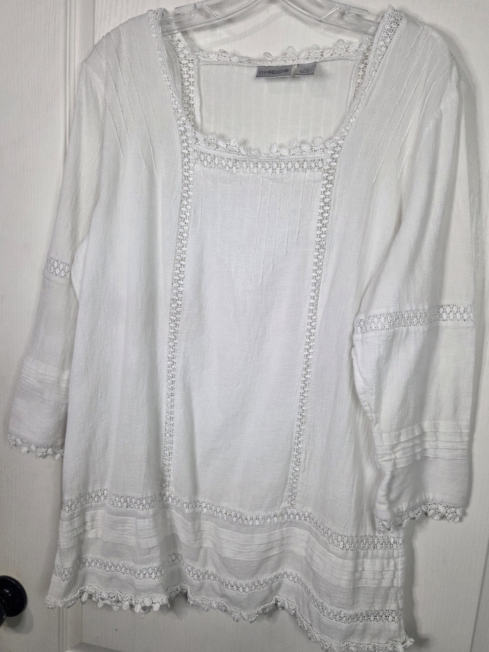 Chico's White Boho Tunic Top Crochet Trim 3/4 Sleeve Size 3(xl) - Picture 5 of 6